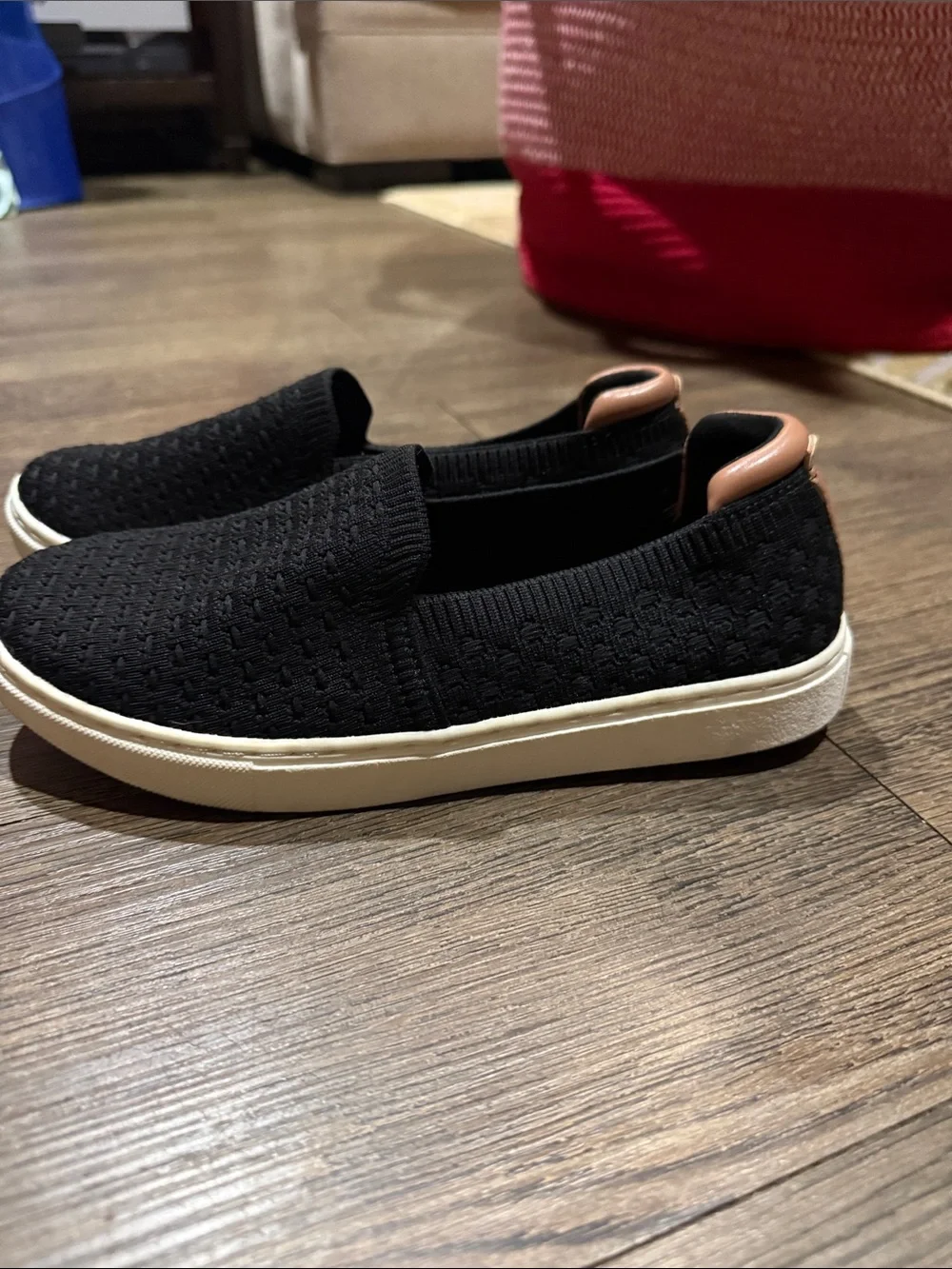 Kelly & Katie Black Knit Slip-On Sneakers with Tan Heel Tab